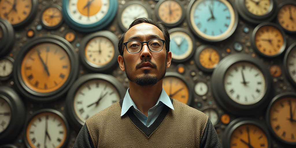 a man in glasses and a sweater standing in front of a collage of clocks and people in the background