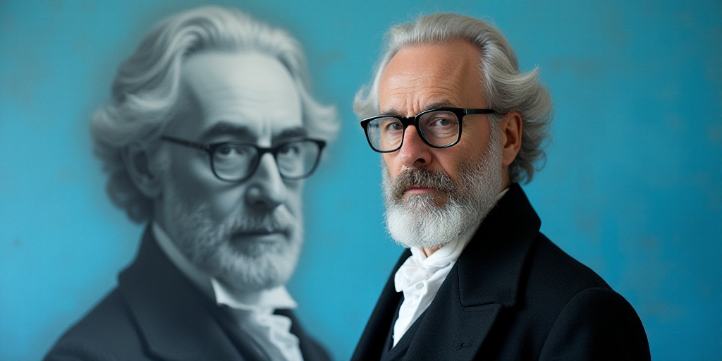 a man in glasses is standing in front of a blue background with a black and white photo of him, Edwa