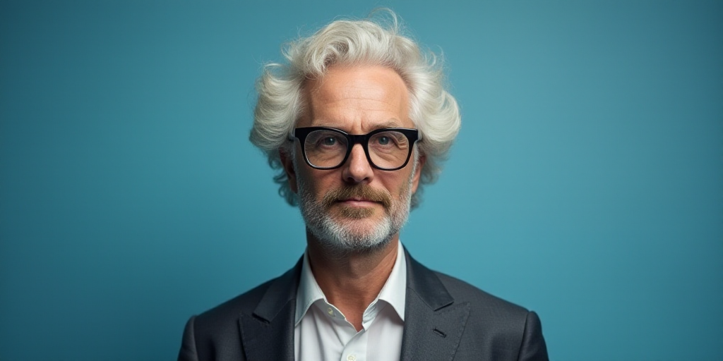 a man in glasses is standing in front of a blue background with a black and white photo of him, Edwa