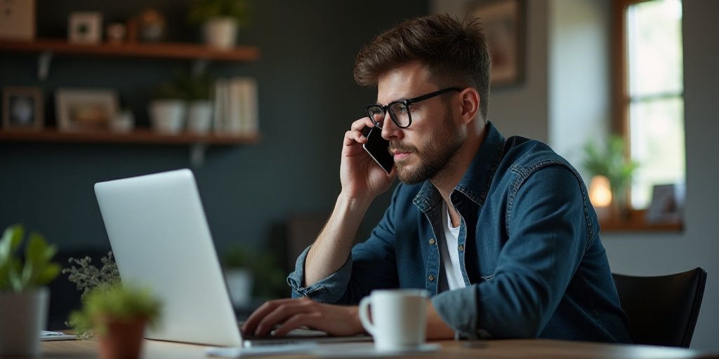 a man in glasses is using a laptop computer and talking on the phone while holding a cell phone to h