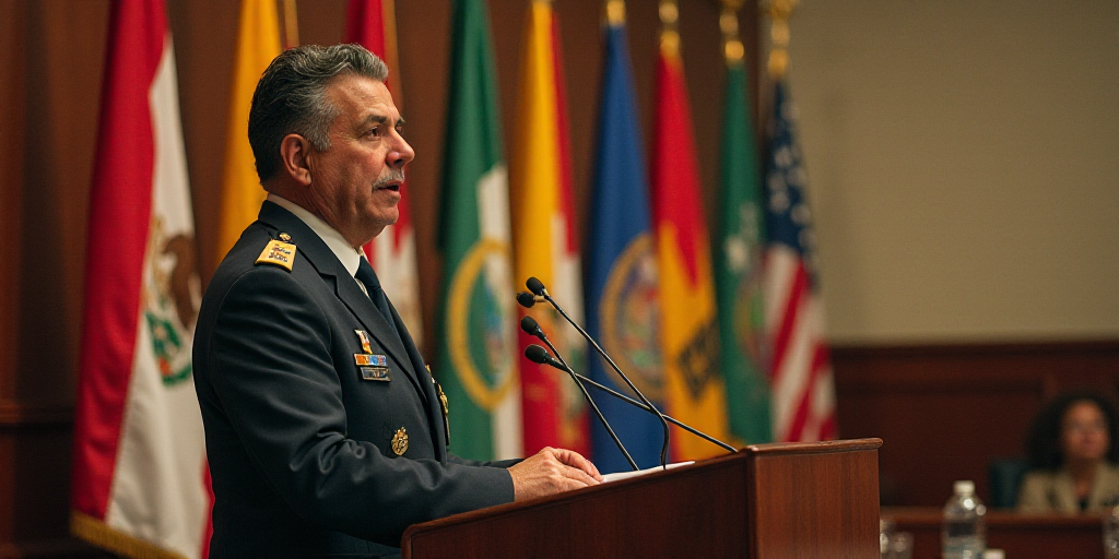a man in uniform standing at a podium in front of flags and banners in a conference room with a micr