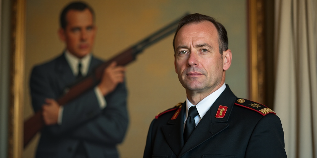 a man in uniform standing in front of a poster of a man in a suit and tie with a gun, Carl Gustaf Pi