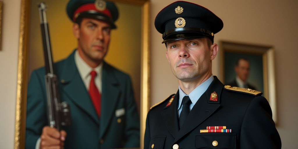 a man in uniform standing in front of a poster of a man in a suit and tie with a gun, Carl Gustaf Pi