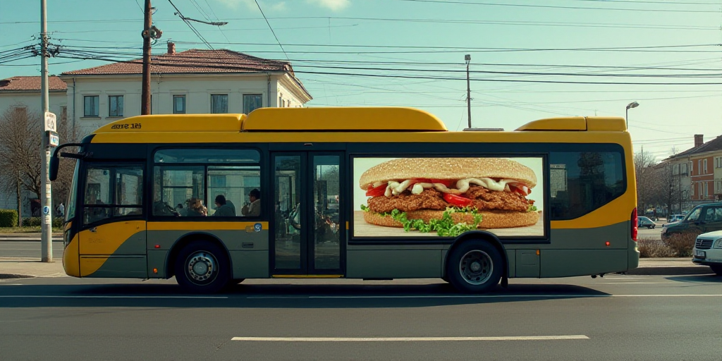 a man is driving a bus with a billboard on it's side and a sandwich advertisement on the side of the