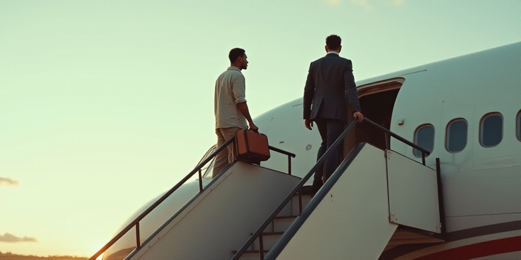 a man is getting off of a plane with luggage on the back of it and another man is standing on the st