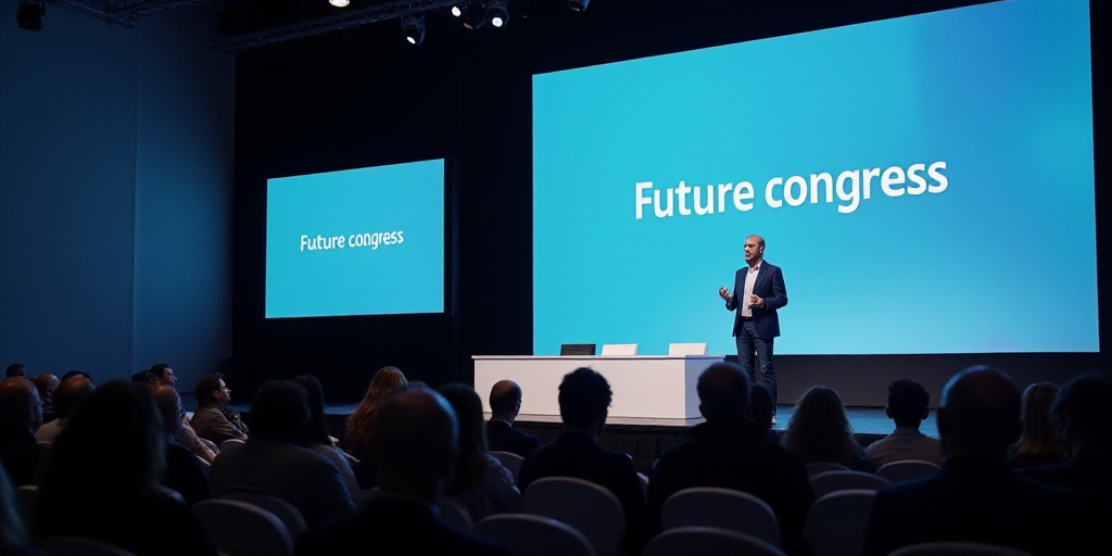 a man is giving a speech at a conference hall with a large screen behind him that says future congre