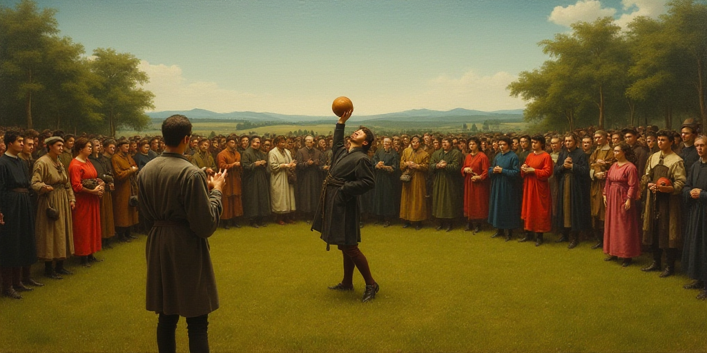 a man is holding a ball in front of a crowd of people in a field of grass and trees, Carlos Catasse,