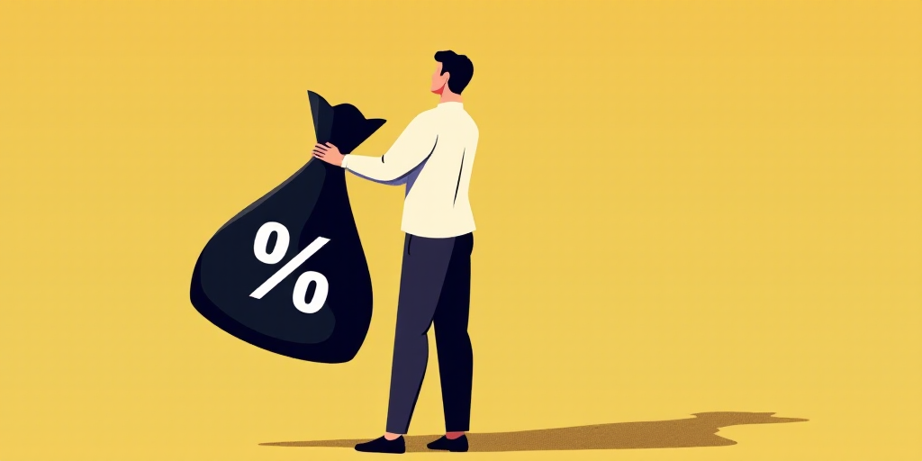 a man is holding a large black bag with a percentage sign on it, and the word % is above it, Avgust