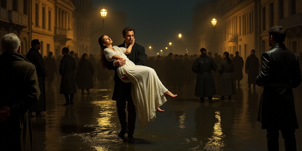 a man is holding a woman in his arms as they walk through a flooded street at night with people look
