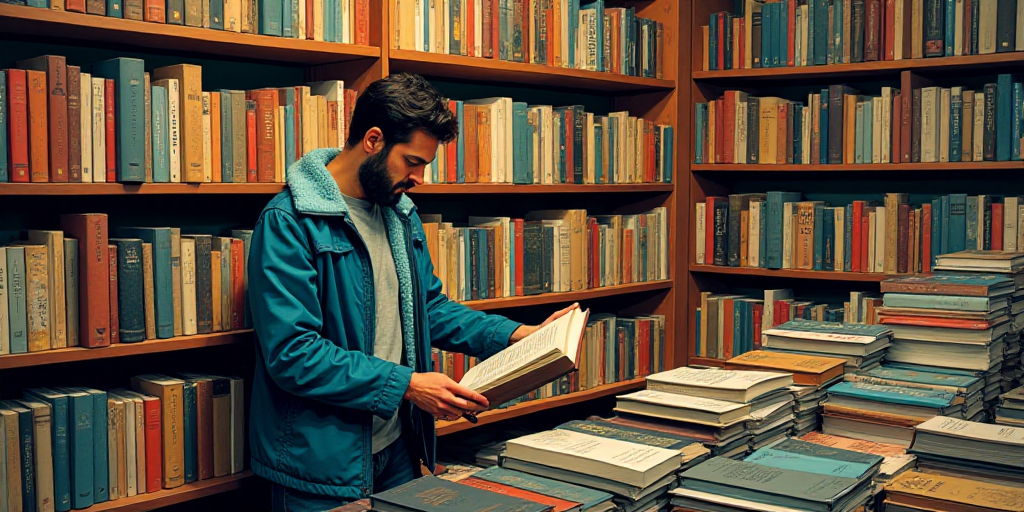 a man is looking at a book in a bookstore store with a wall of books behind him and a wall of books