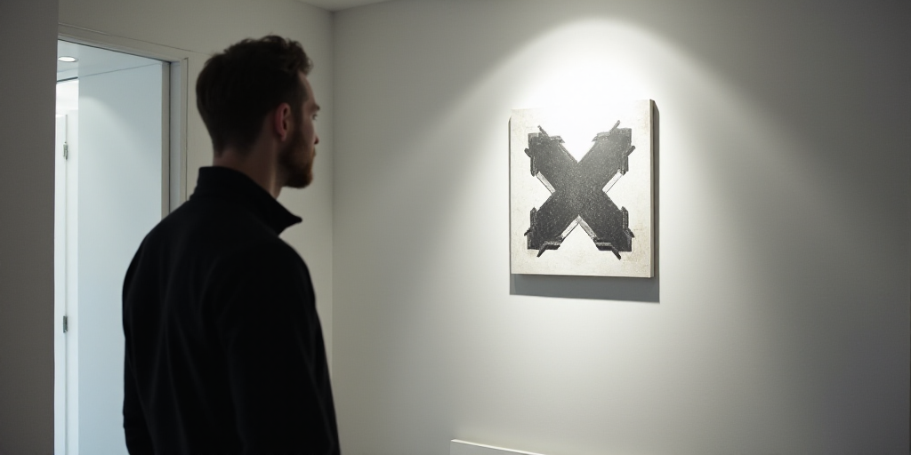 a man is looking at a logo on a wall in a room with a white wall and a black and white wall, Alexey