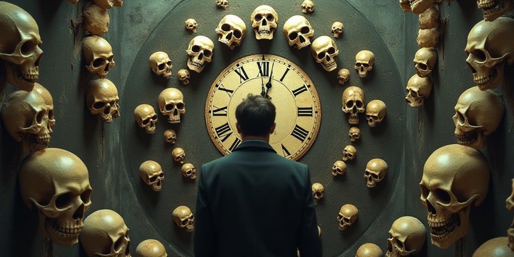 a man is looking at a wall with a lot of skulls on it and a clock in the background, Évariste Vital