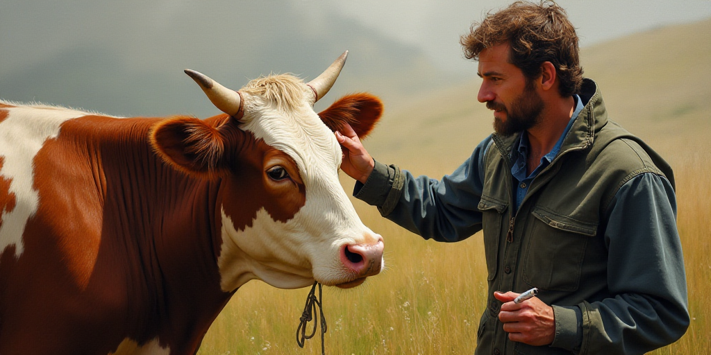 a man is petting a cow with a tag on it's ear and nose, while another man holds a marker, Bedwyr Wil