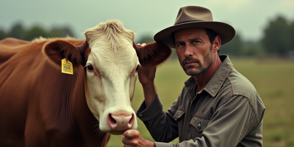 a man is petting a cow with a tag on it's ear and nose, while another man is holding a tag on his ea