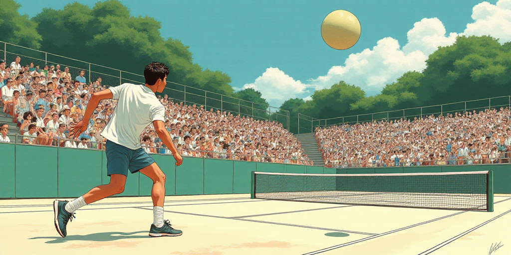 a man is playing tennis on a court with a crowd watching him from the stands and a ball in the air,