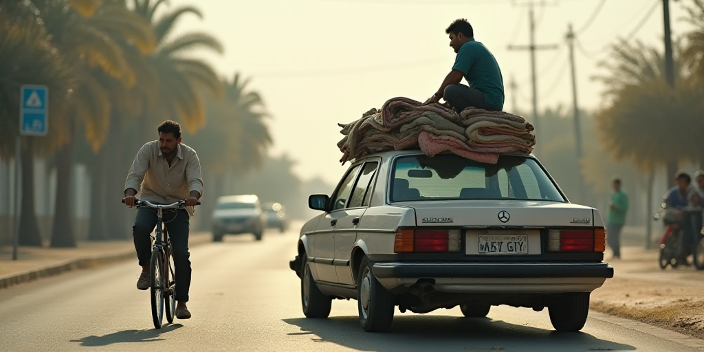 a man is riding on top of a car with a load of blankets on it's roof and a bicycle in the street, Ah