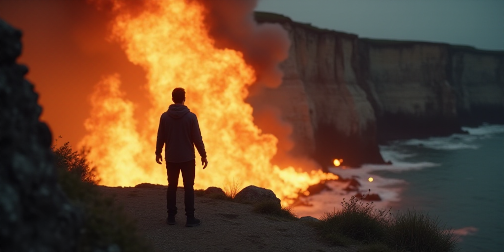 a man is seen in a video of a fire that broke through a cliff and was being filmed by a camera, Dahl