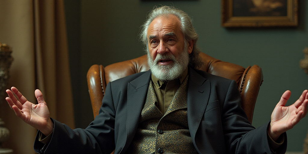 a man is speaking while sitting down with his hands out to the side of him and his hands out to the