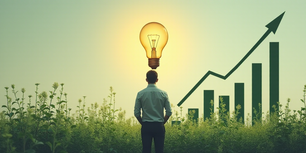 a man is standing in front of a plant with a light bulb above it and a chart on the bottom of the ch