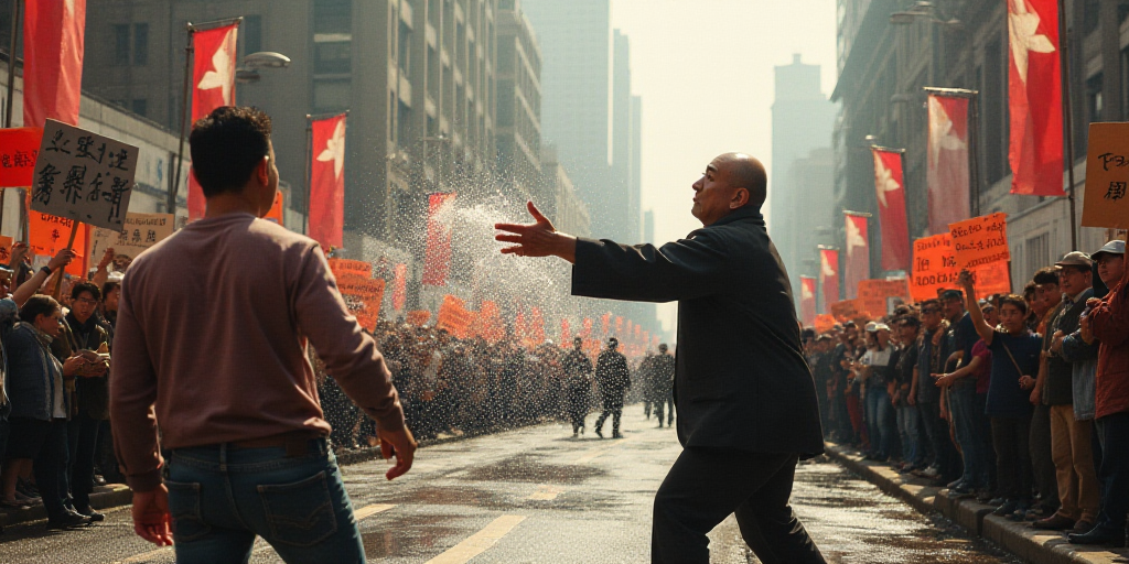 a man is throwing water at a protester with a sign in the street while a crowd watches him, Ding Yun