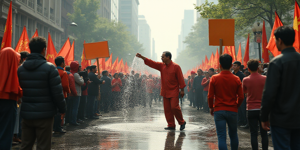 a man is throwing water at a protester with a sign in the street while a crowd watches him, Ding Yun