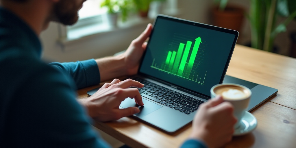 a man is using a laptop and a tablet with a green arrow on it and a cup of coffee, Andries Stock, te