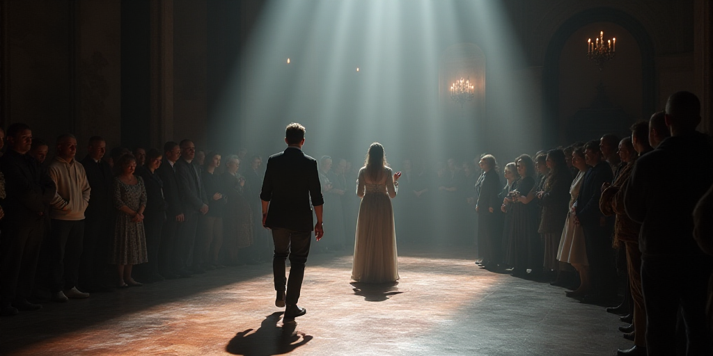 a man is walking on a stage with people watching him and a woman standing on the stage behind him, D