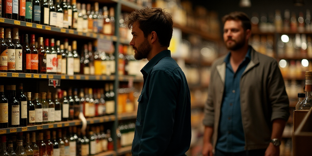 a man is walking past a shelf of liquor bottles in a store with a man in the background looking at t