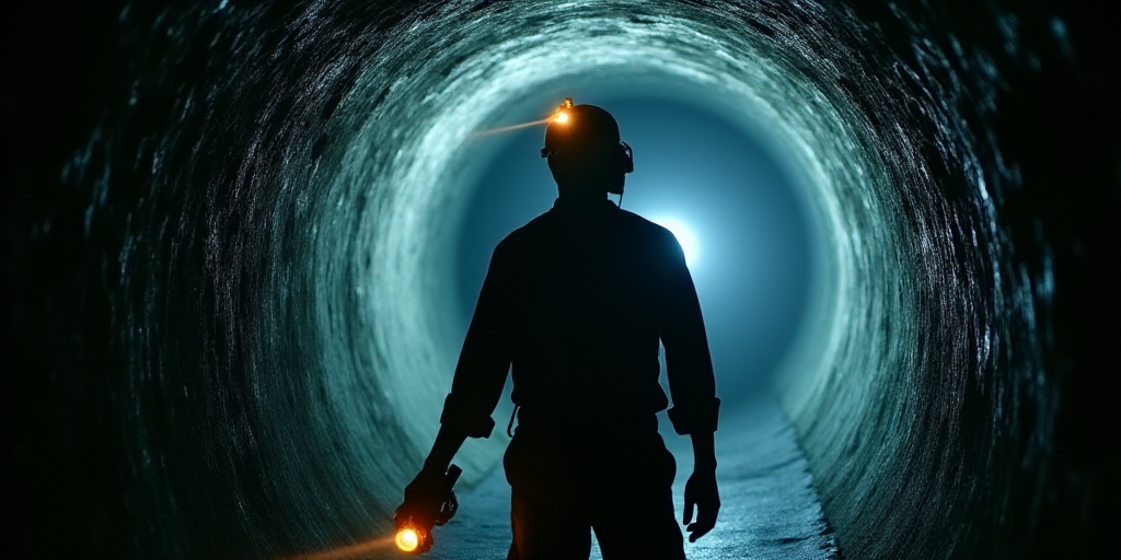 a man is working in a tunnel with a flashlight on his head and a flashlight in his hand,, Clovis Tro