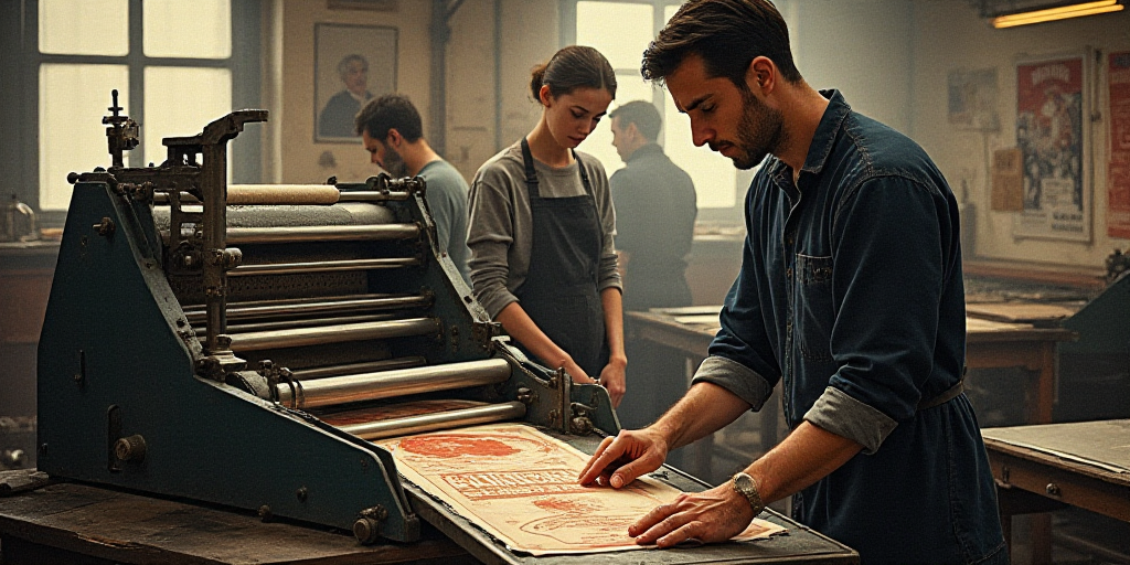 a man is working on a machine in a factory with other people behind him and a woman standing behind