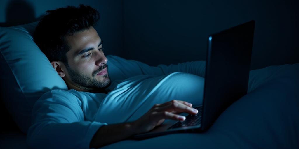 a man laying in bed with his head on a pillow looking at a laptop computer screen at night time, Ben