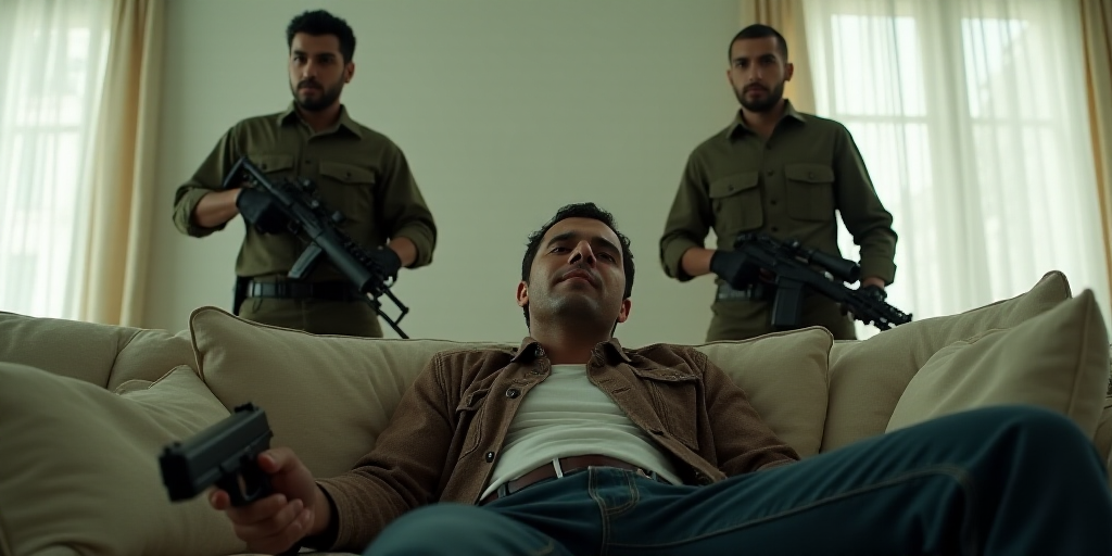 a man laying on a couch with a gun in his hand and two soldiers standing behind him in a room with w