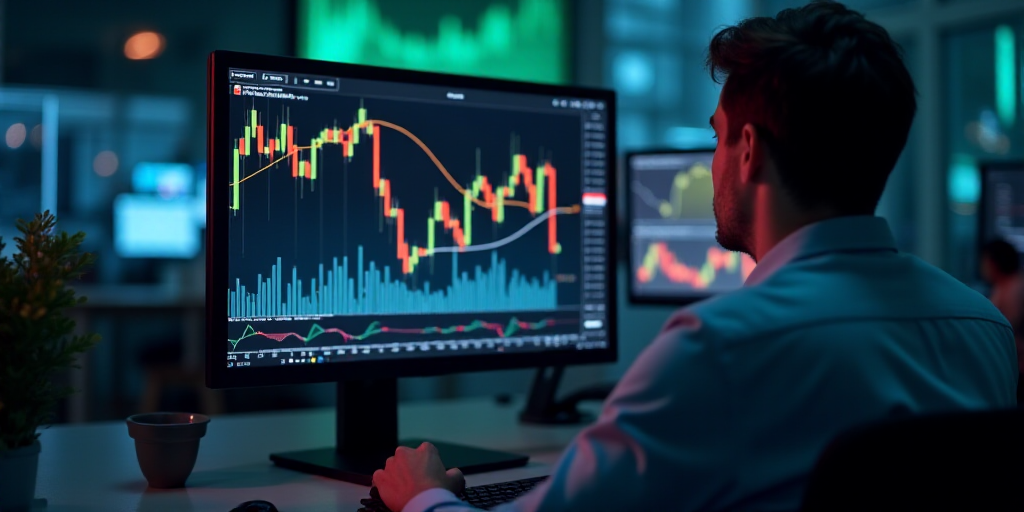 a man looking at a computer screen with a flag on it and a stock chart on the monitor screen, Andrie