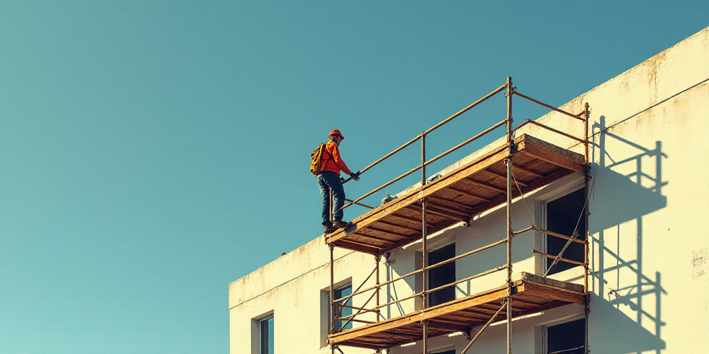 a man on a scaffolding on a building with a helmet on top of it and a building under construction, E