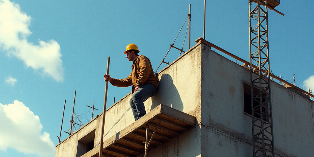 a man on a scaffolding on a building with a helmet on top of it and a building under construction, E