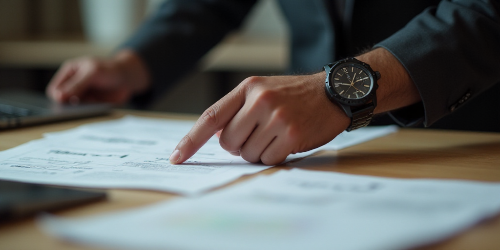 a man pointing at a piece of paper on a table with papers on it and a watch on his wrist, Carlos Tri