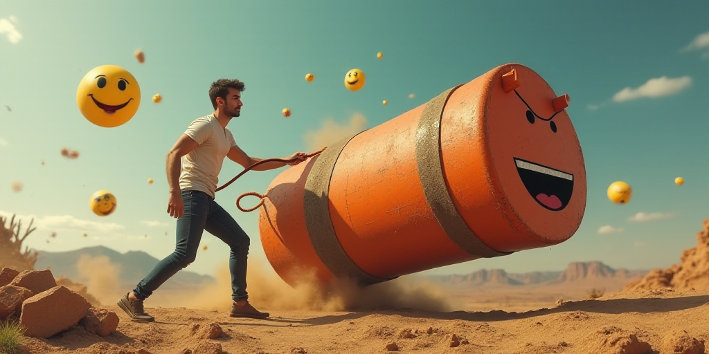 a man pulling a large dynamite with emoticions around him and a smiley face on the back of it, Andri