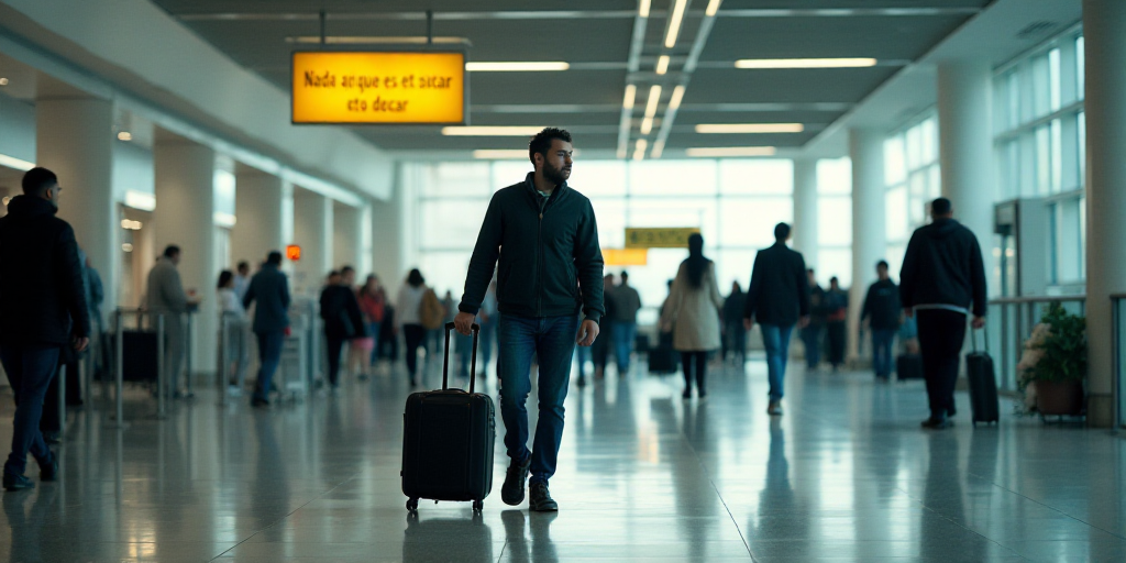 a man pulling a suitcase through an airport terminal with people walking around him and a sign that