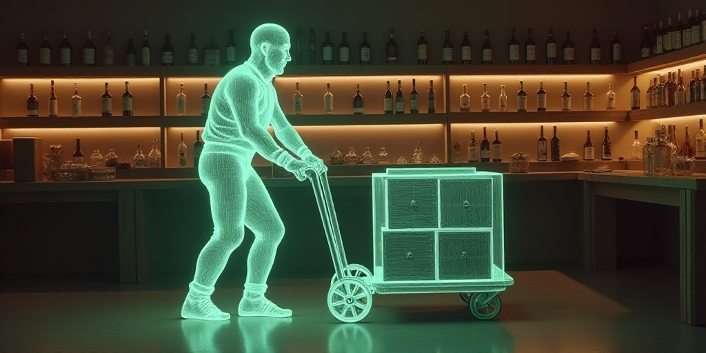 a man pushing a cart with a box on it in a room with a table and shelves of wine bottles, Bernd Fasc