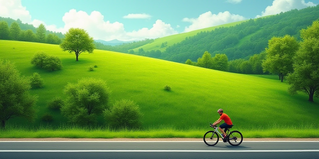 a man riding a bike down a road next to a lush green hillside covered in grass and trees,, Alejandro