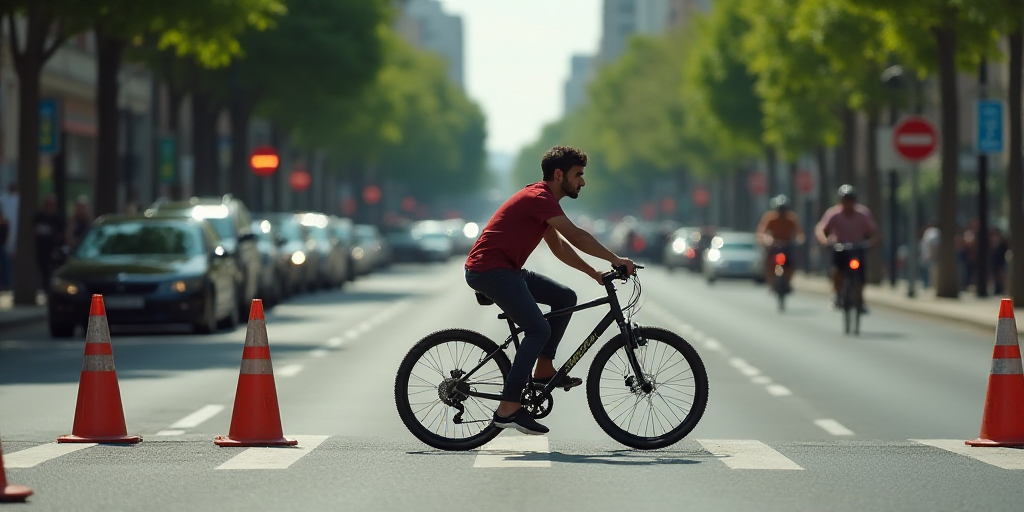 a man riding a bike down a street next to traffic cones and cars on a street with people on bikes, F