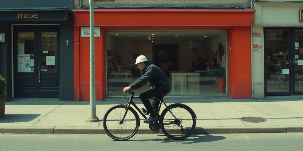 a man riding a bike down a street past a store front with a sign on it's side, Carlos Catasse, scree