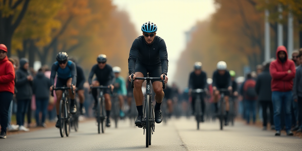 a man riding a bike in front of a crowd of people on a street with a helmet on and a helmet on, Fabi