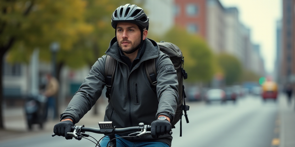 a man riding a bike with a cell phone and a bag on the back of it and a calculator, Ed Benedict, tec