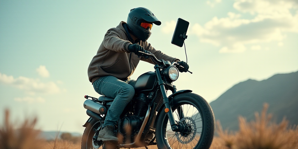 a man riding a bike with a cell phone and a cell phone holder on it's back and a cell phone in the a