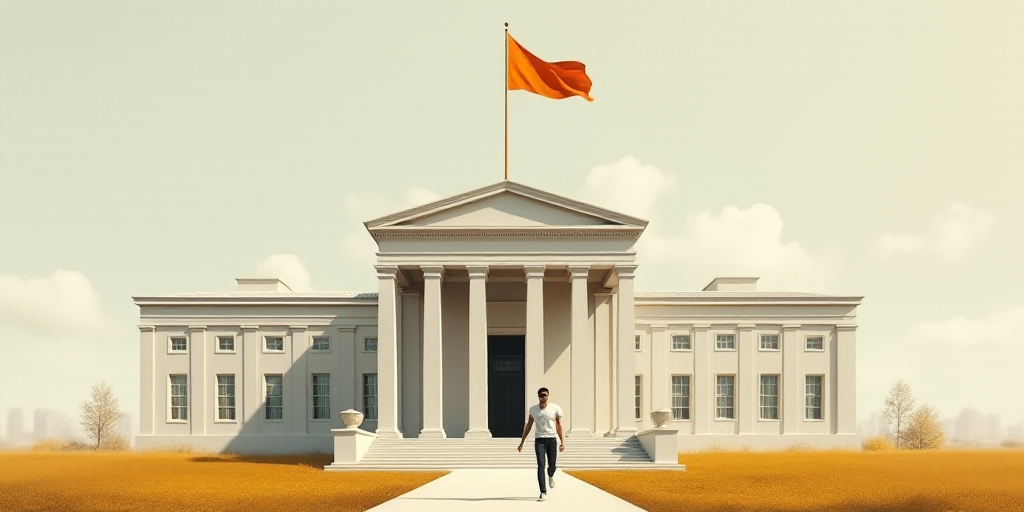 a man running in front of a building with a flag on top of it and a flag flying in the wind, Dennis