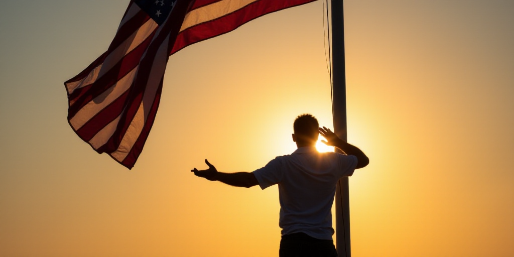 a man saluting the sun behind an american flag on a pole with a sunbeam in the background, Dennis As