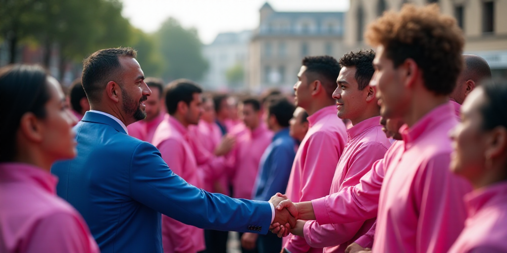 a man shaking hands with a group of people in a crowd of people behind him, all of them are wearing