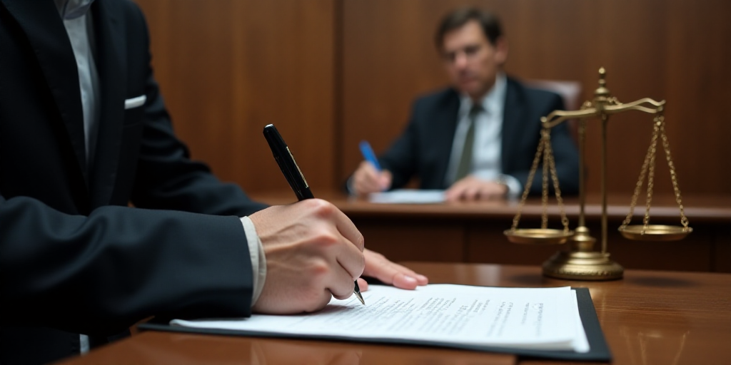 a man signing a document with a judge and a judge in the background at a desk with a scale of justic