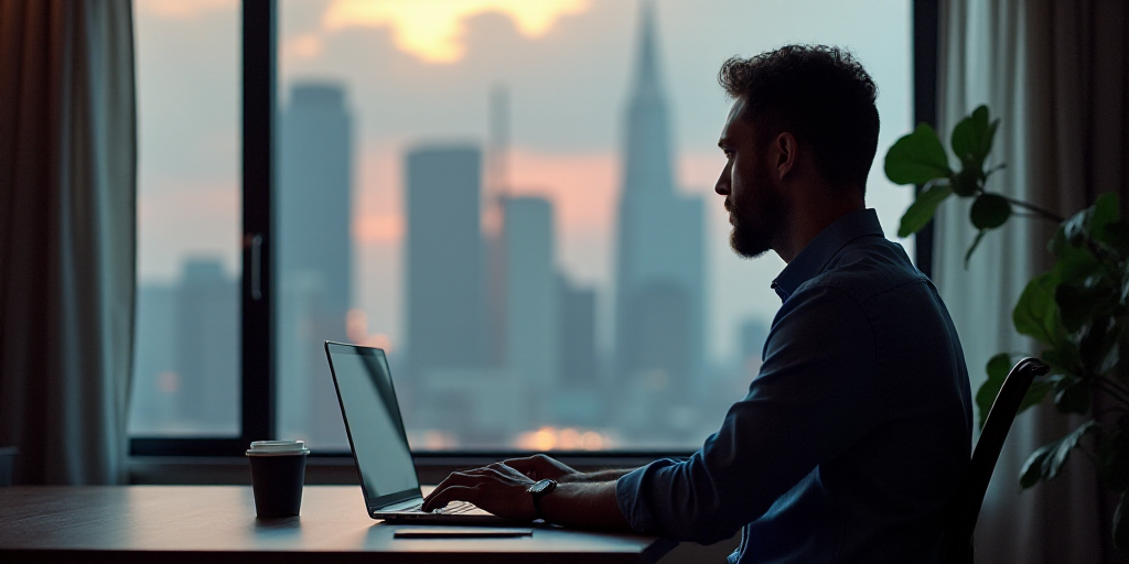 a man sitting at a desk in front of a laptop computer and a phone in front of a window, Carlo Carlon
